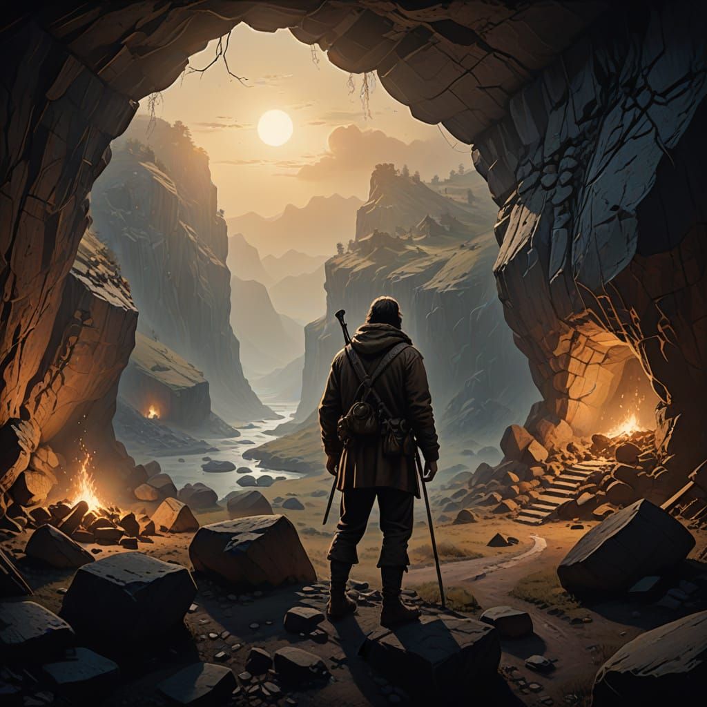 Cro-Magnon Man at Cave Mouth in Prehistoric Illustration