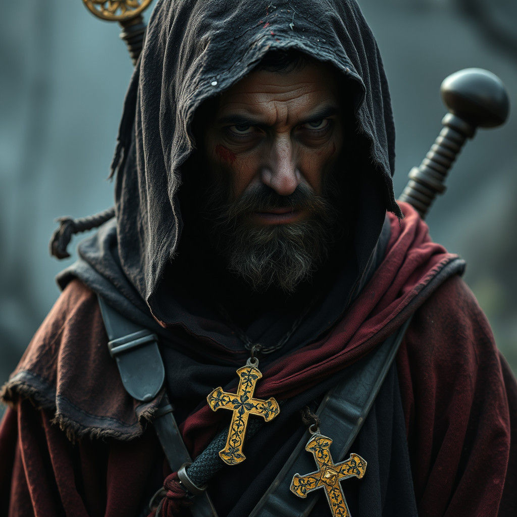 War-Torn Monk with Sword in Cinematic Style