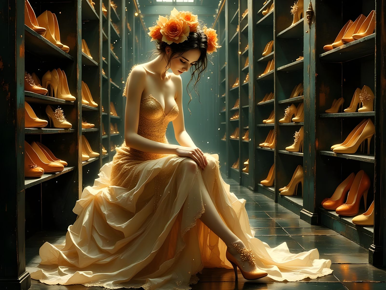Elegant Woman in a Surreal Shoe Store Scene