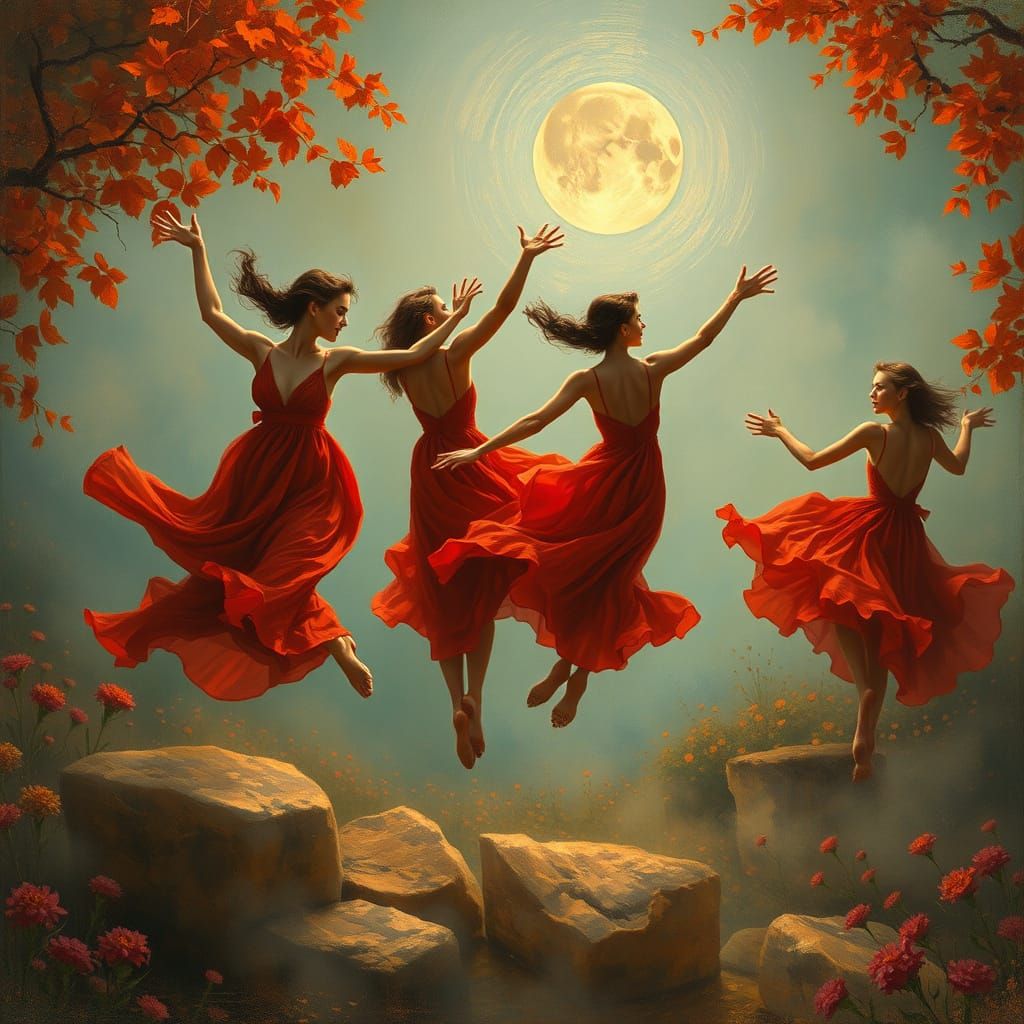 Women Dancing Under Moonlight in Impressionist Style