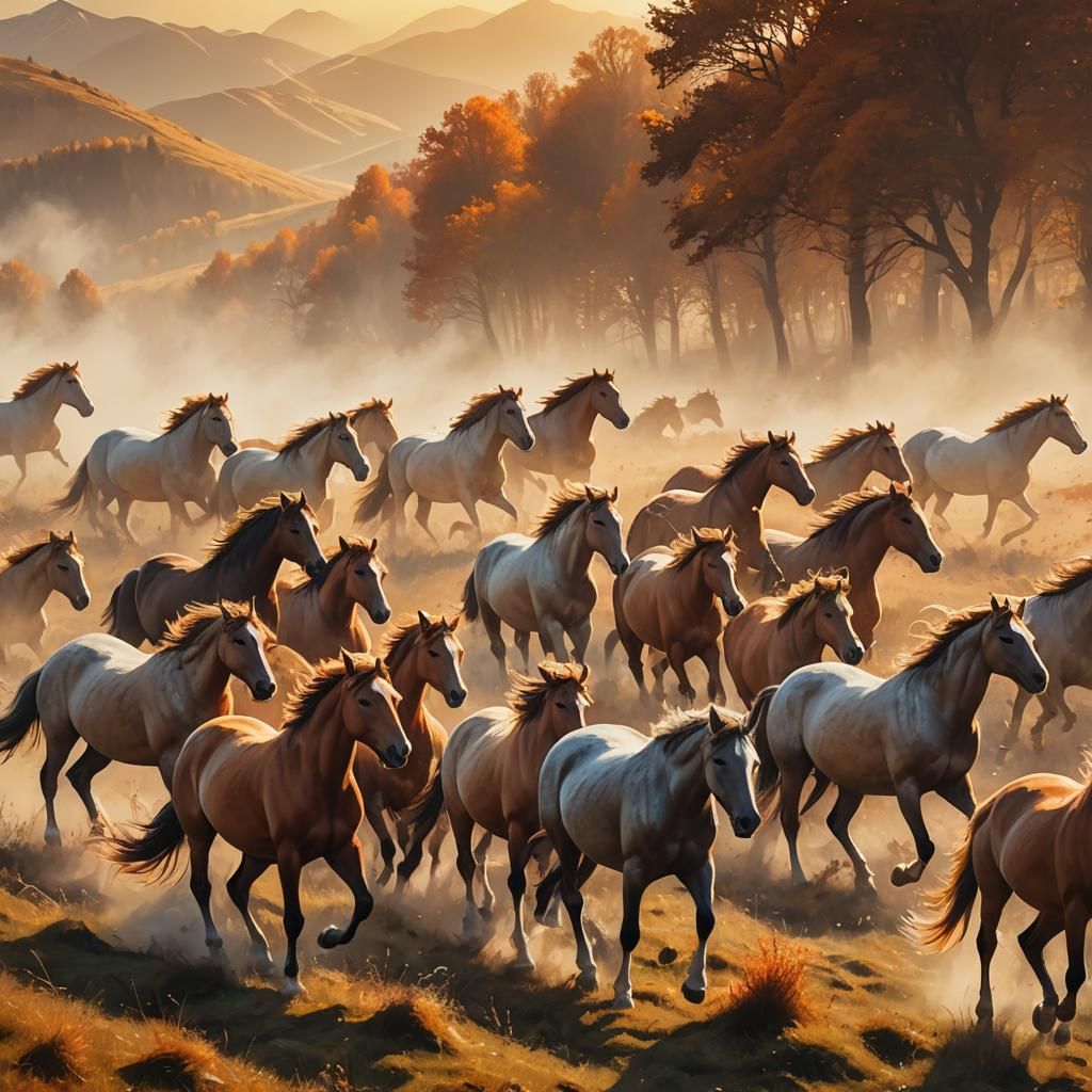 Wild Horses Run in Golden Autumn Light