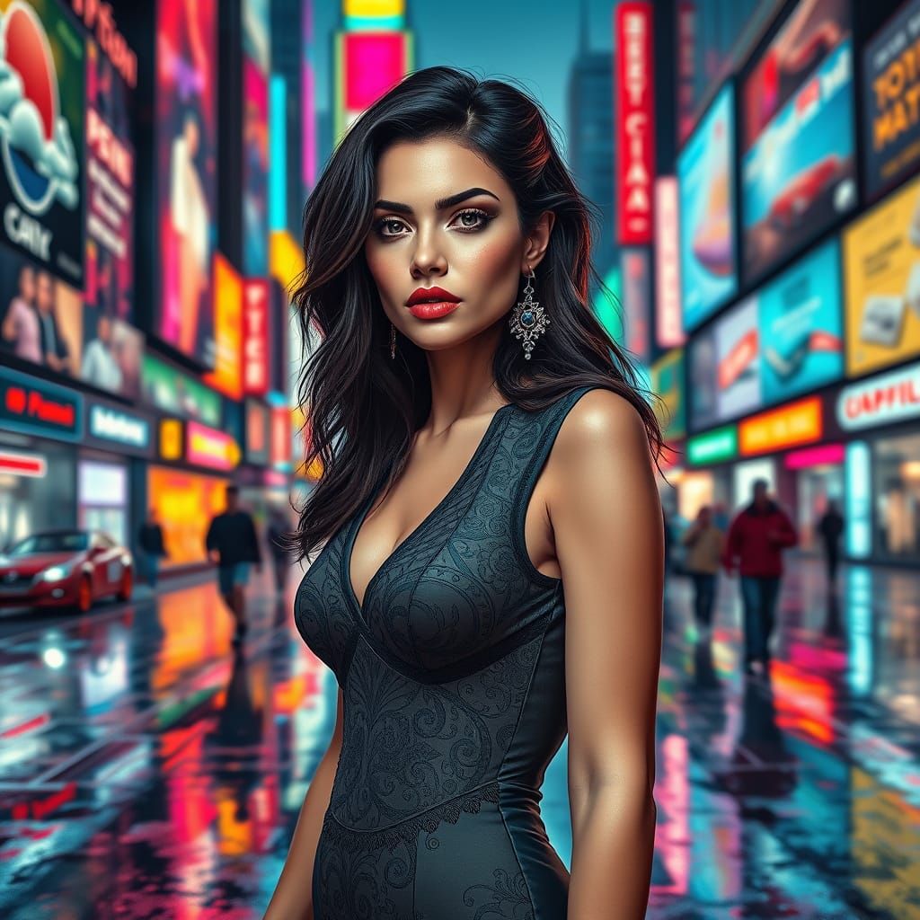 Glamorous City Woman in Neon-Lit Metropolis