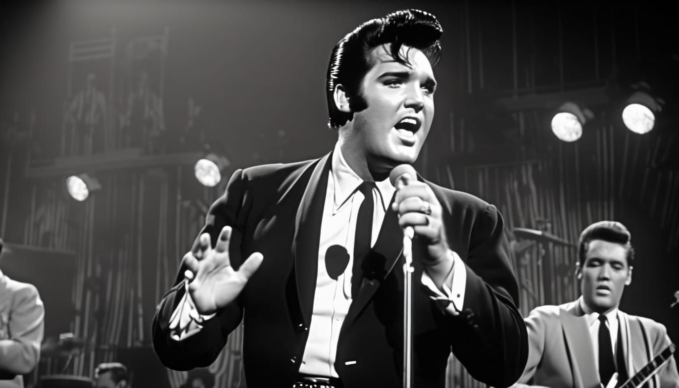 Elvis Presley on Ed Sullivan Show: Retro B&W Photo