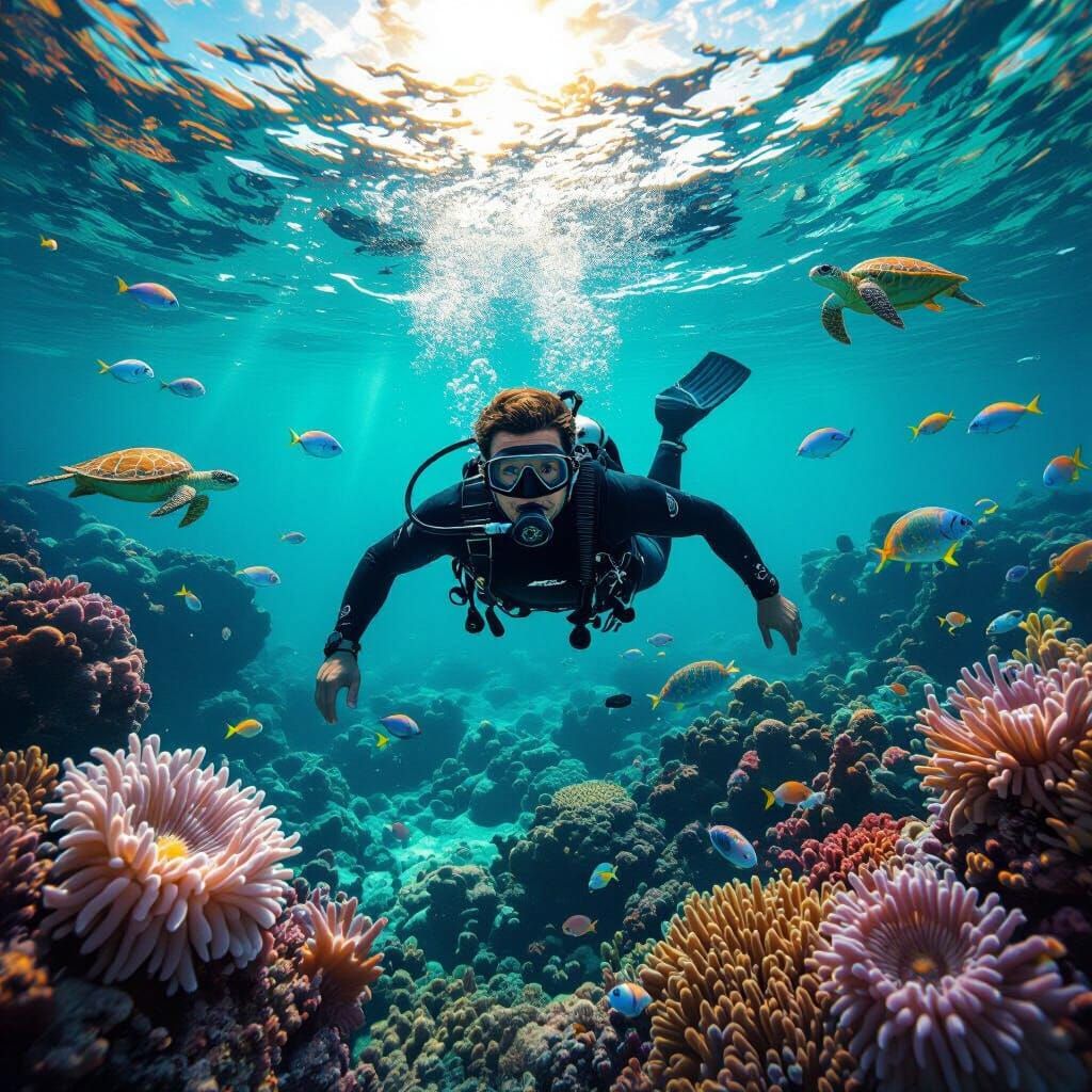 Underwater Diver Among Coral Reef, Hyperrealistic 8K