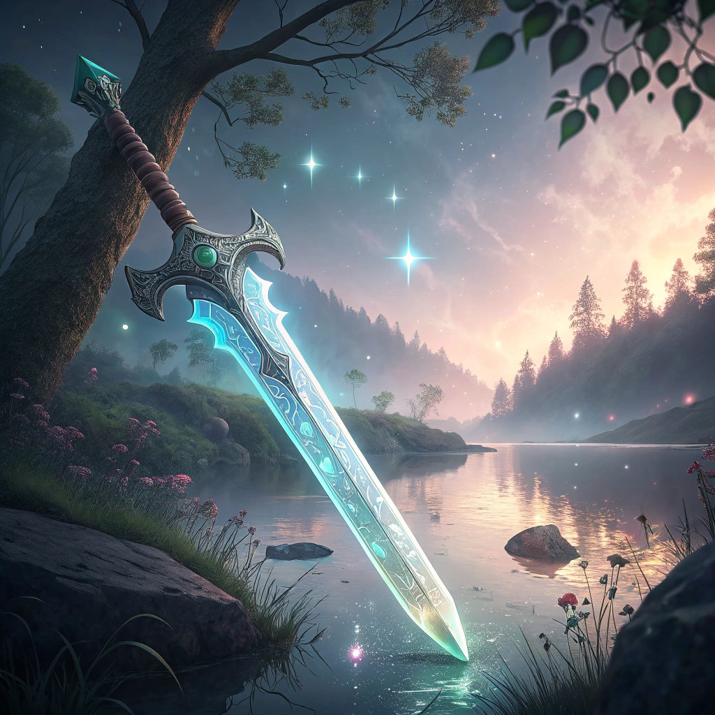 Enchanted Sword Radiating Light Above Misty Lake