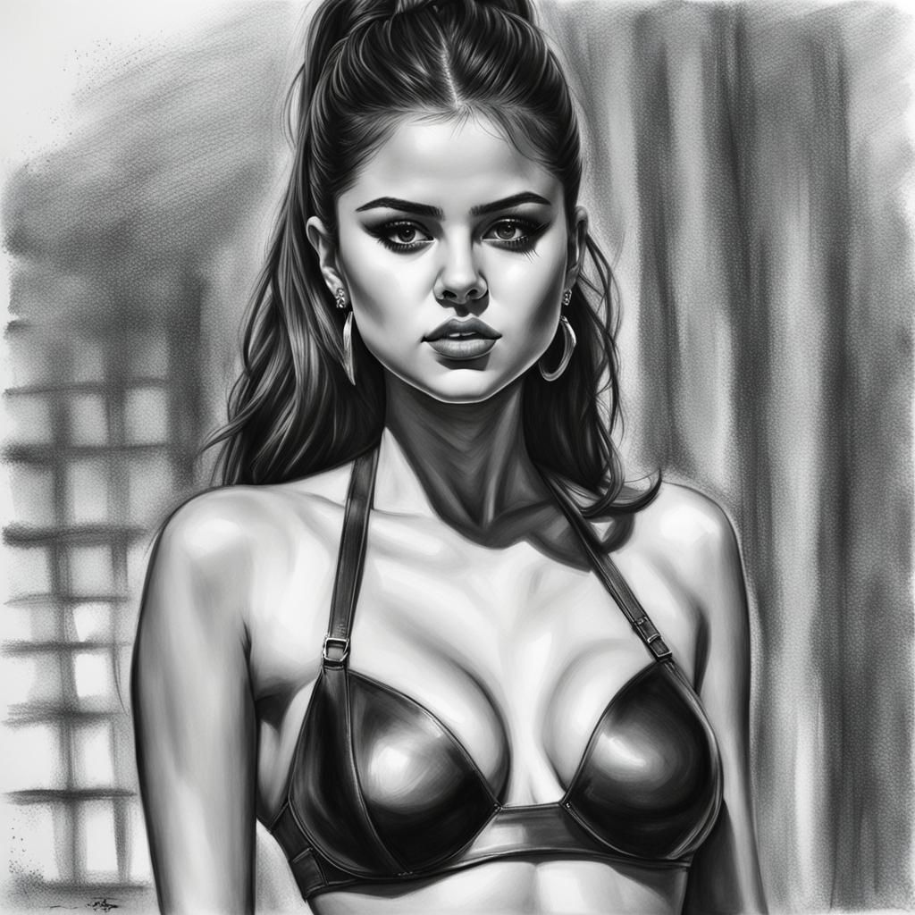 Detailed Charcoal Drawing of Woman in Latex Bikini