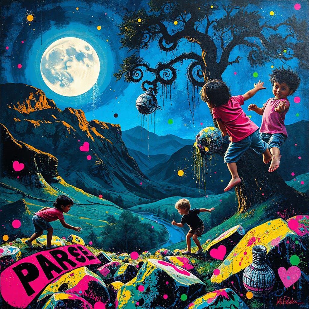 Children Playing Under Moonlight in Graffiti Art Style