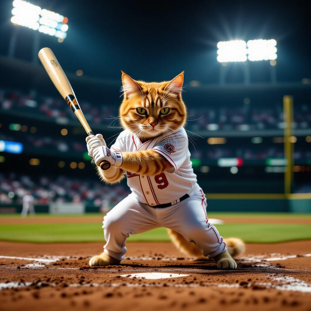 Ginger Tabby Cat Bats in Cinematic Baseball Stadium