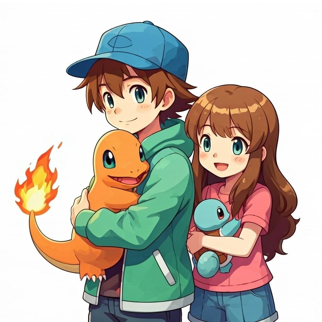 Pokémon Trainer Siblings with Charmander and Squirtle