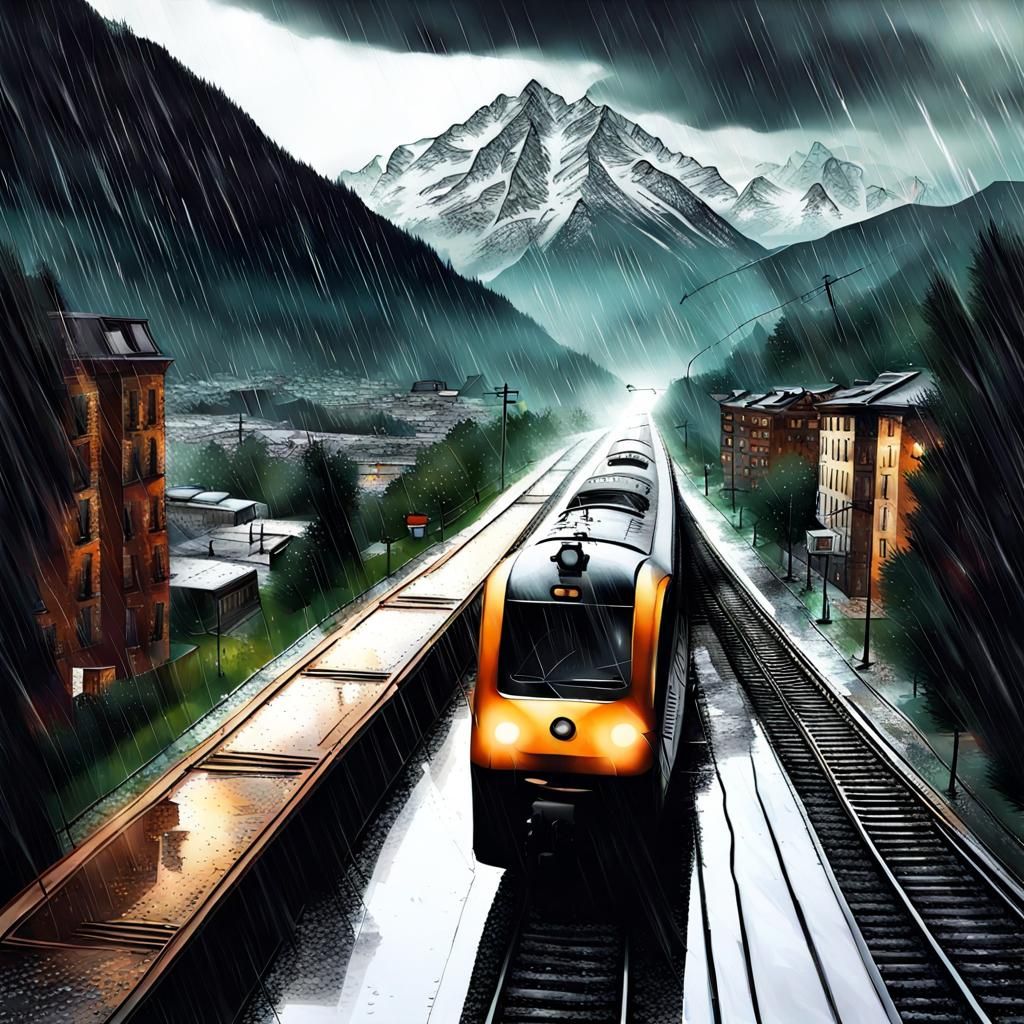 Double Exposure: City, Train, Mountains in Splash Art