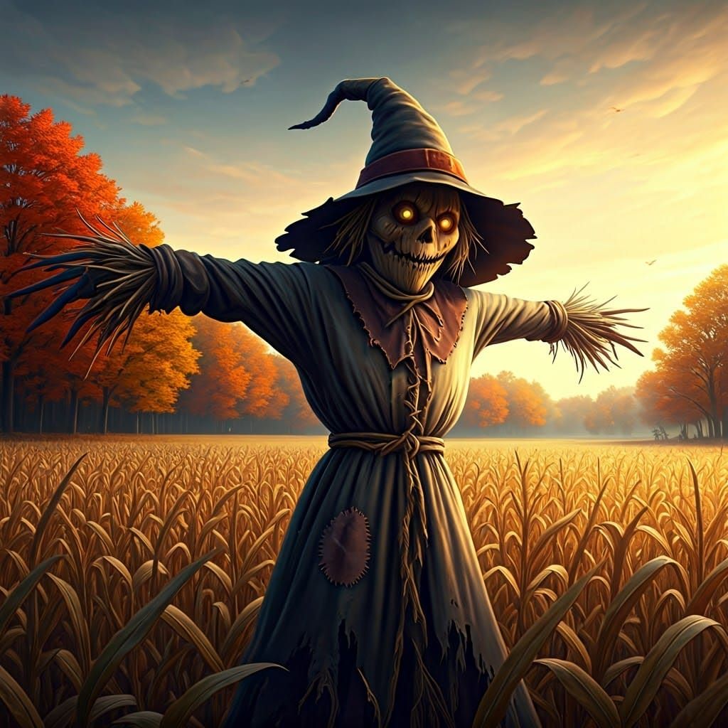 Frightening Scarecrow Stands Guard in Autumn Cornfield