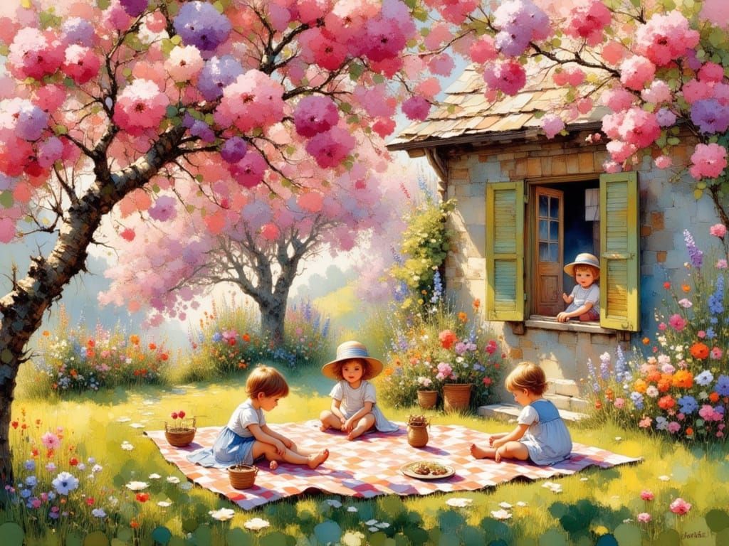 Whimsical Springtime Scene in a Lush Garden