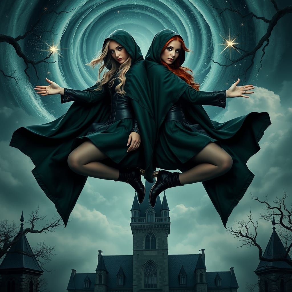 Twin Witches Casting Spells Above Gothic Castle