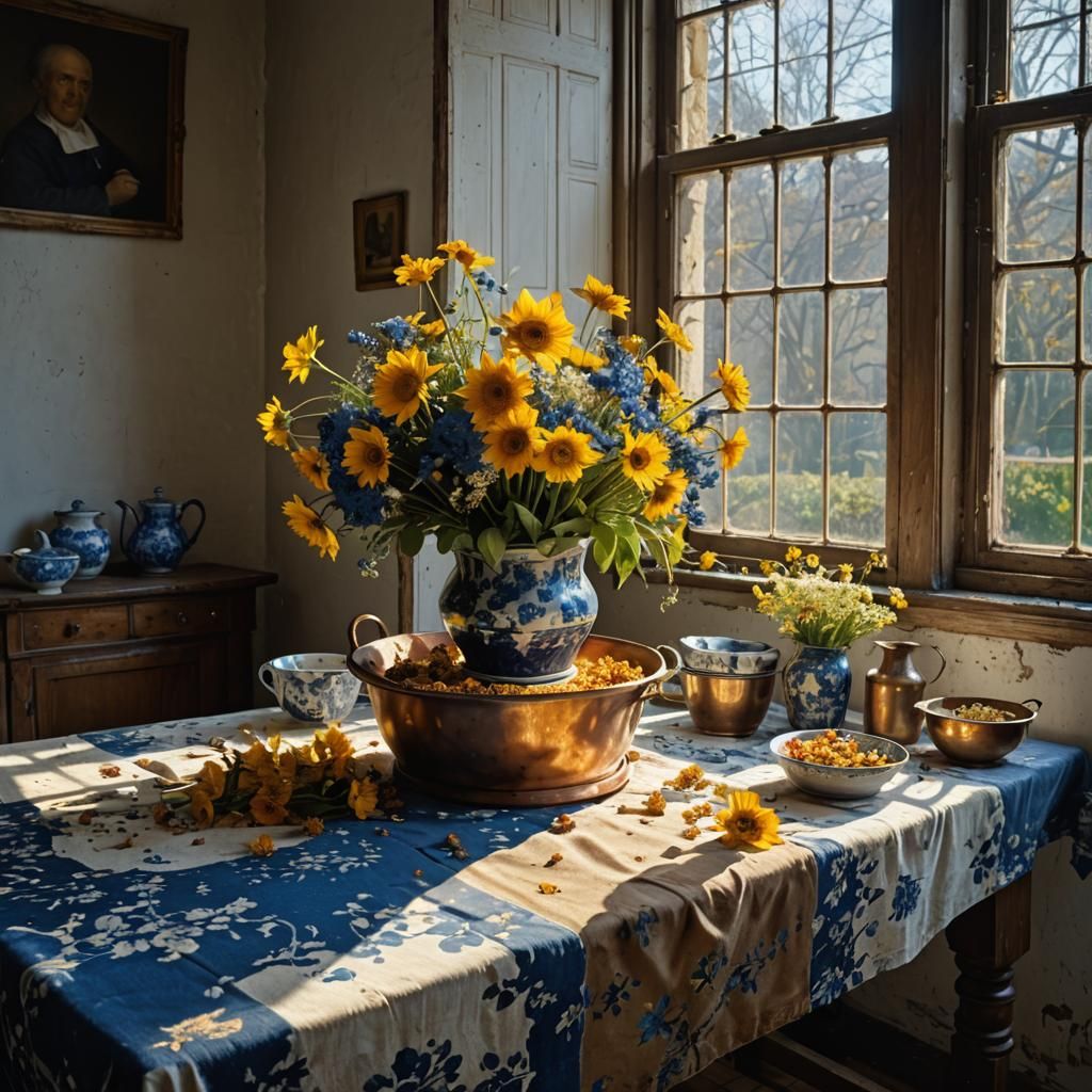 Hyperrealist Flowers in Copper Bucket by Window