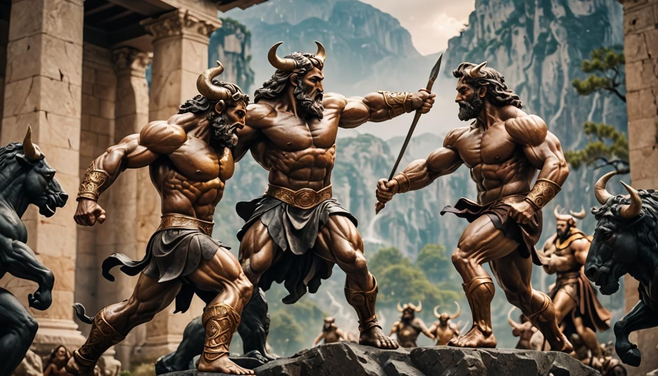 Hercules Battles the Minotaur Under Olympus