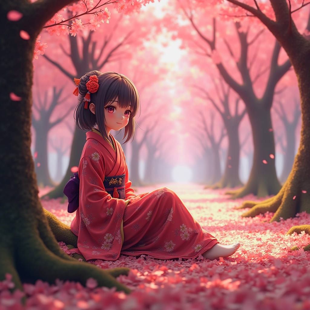 Japanese Girl in Sakura Forest, Autumnal Beauty