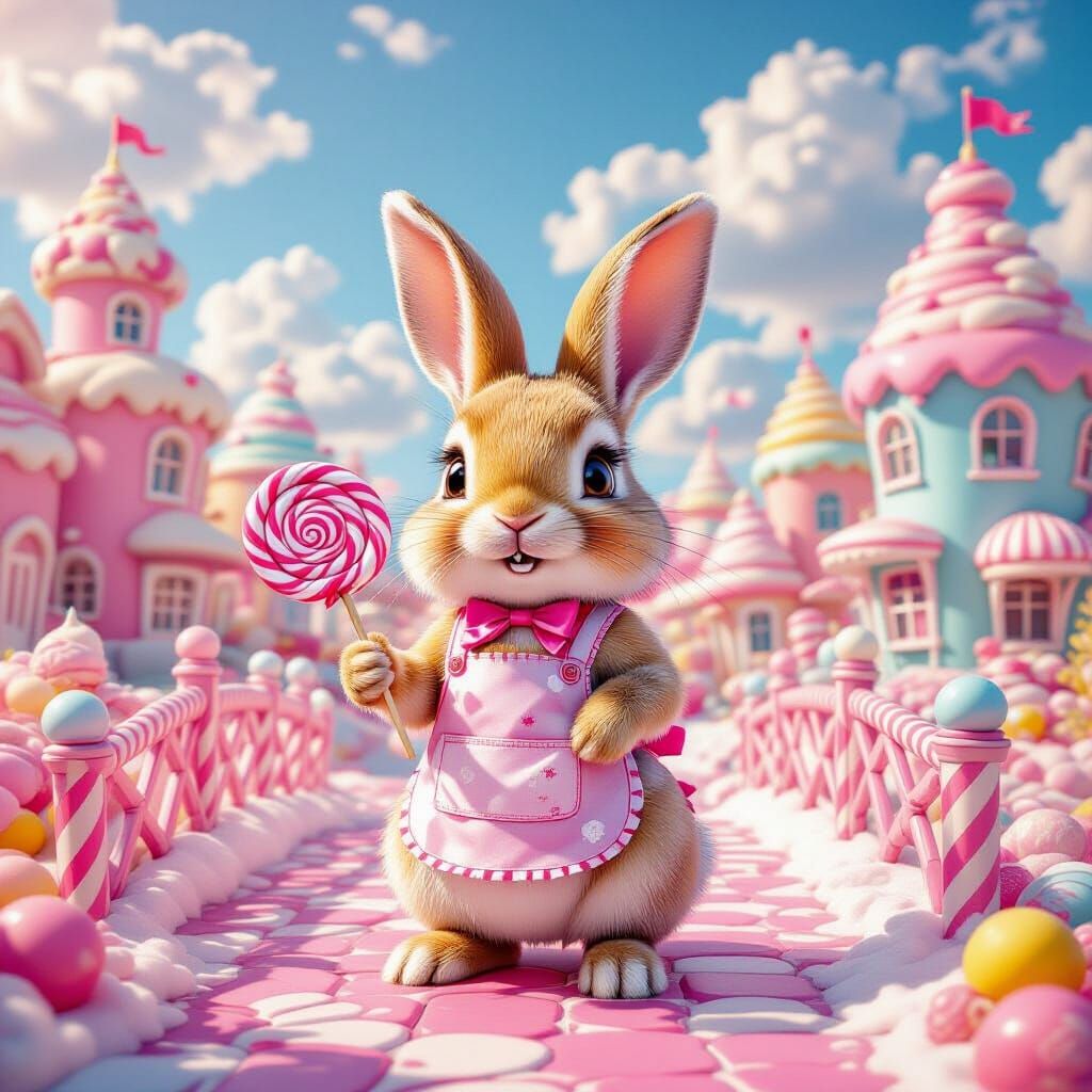 Adorable Rabbit in Vibrant Candy World, Hyperrealistic Photo