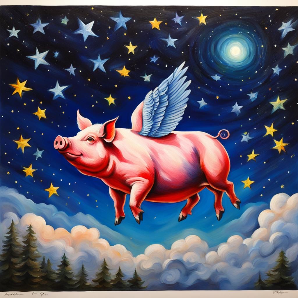 Flying Pig Under the Stars in Vivid Colors