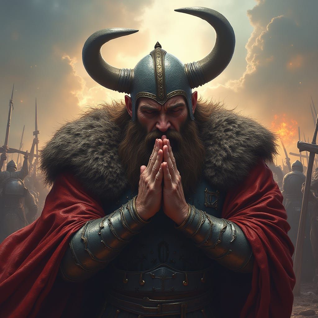 Viking Warrior Praying: Hyperrealistic Splash Art