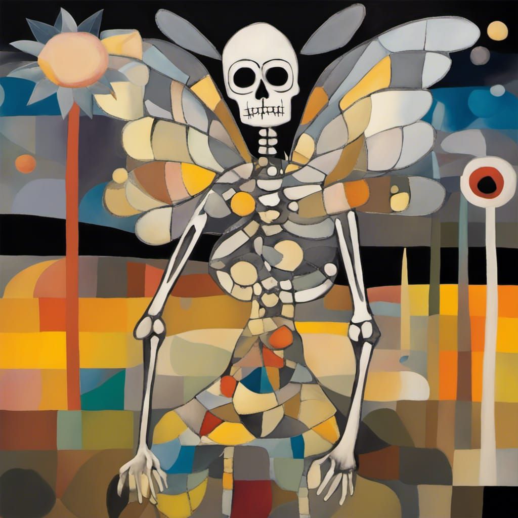 Winged Skeleton Family in Dandelion Dreamscape, Surreal Art