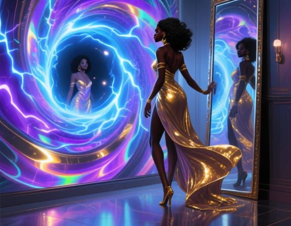 Elegant Woman Enters Swirling Sci-Fi Portal