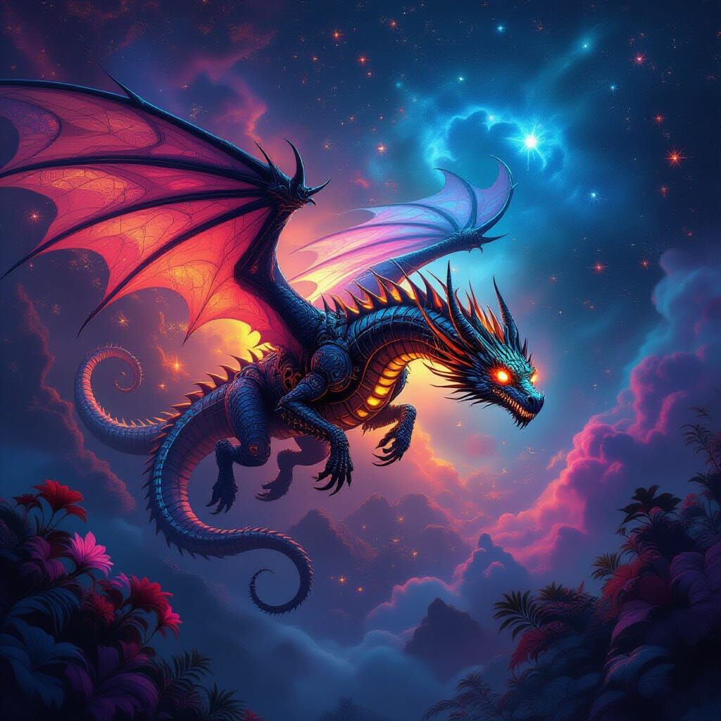 Bioluminescent Biomechanical Dragon Soaring Through Nebula