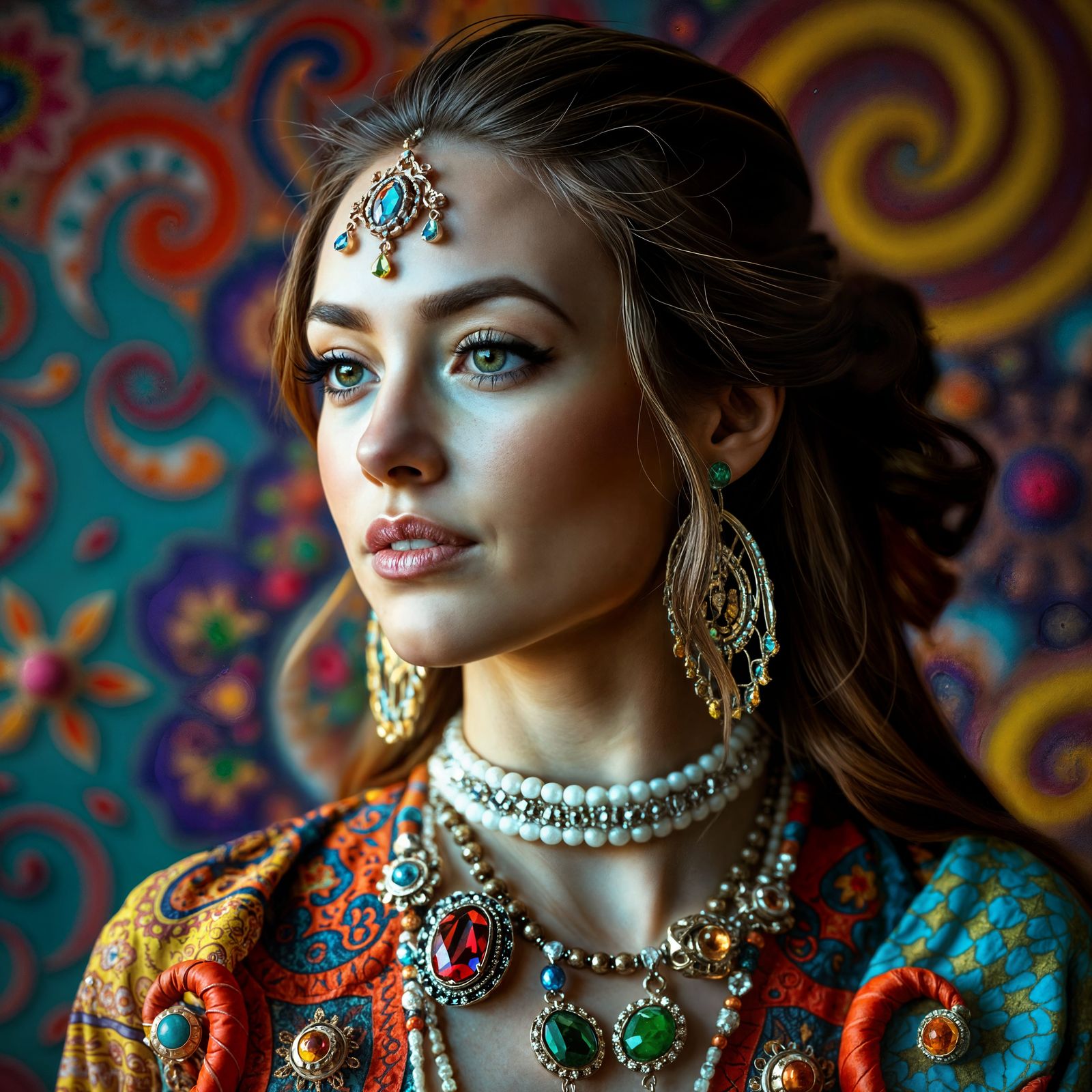 Hyperrealistic Portrait of Woman in Colorful Futuristic Atti...