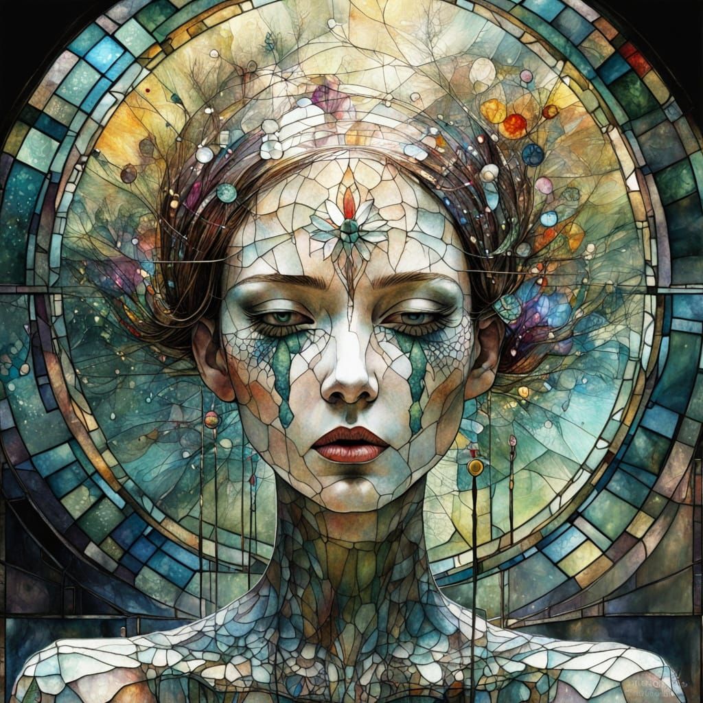 Stunning Art Brut Stained Glass Masterpiece in Vibrant Digit...