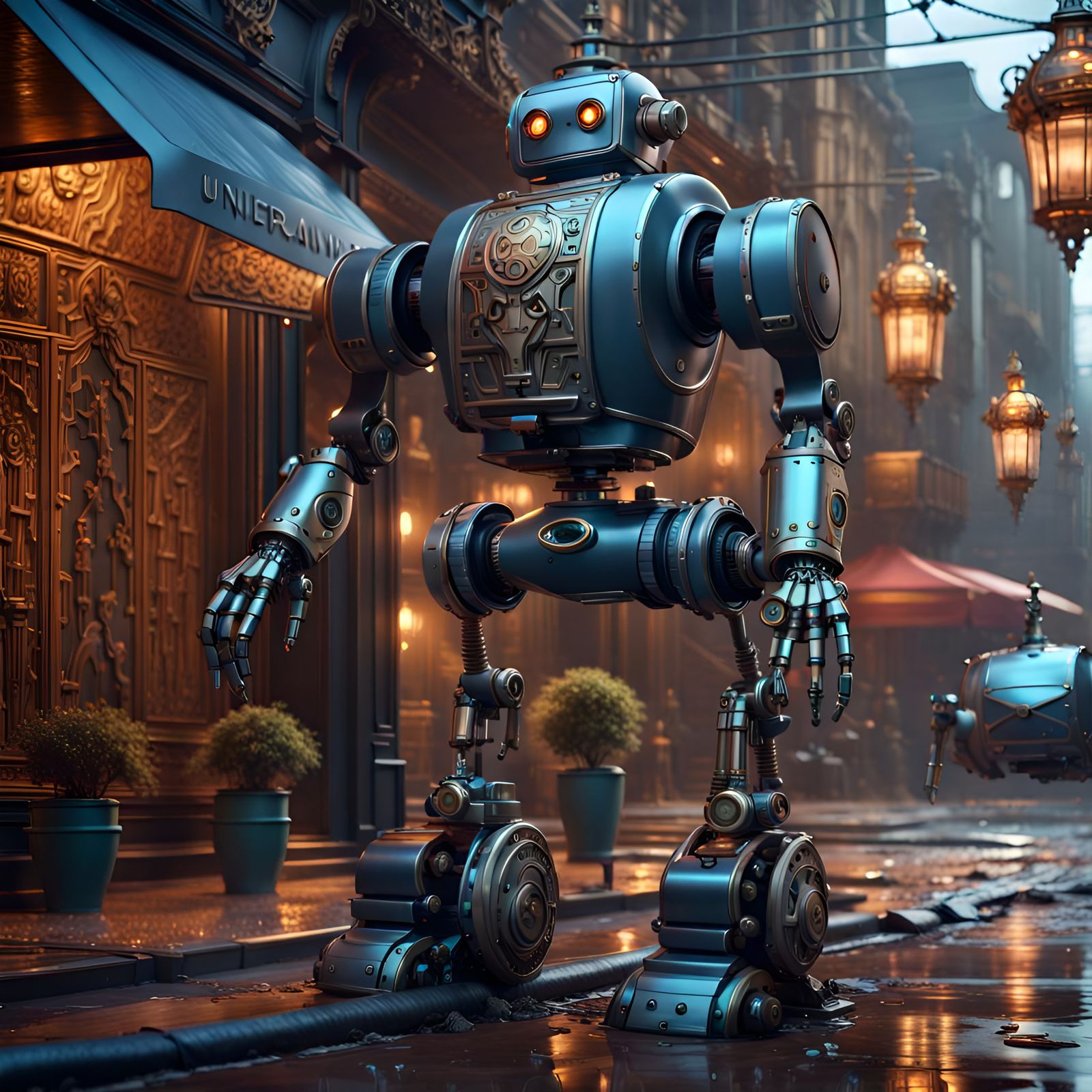 Robot Butler: Detailed Matte Painting in Graffiti Art Style