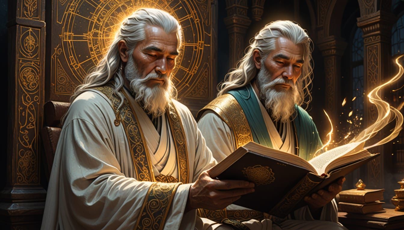 Ancient Sage Reads Glowing Book in Ethereal Space