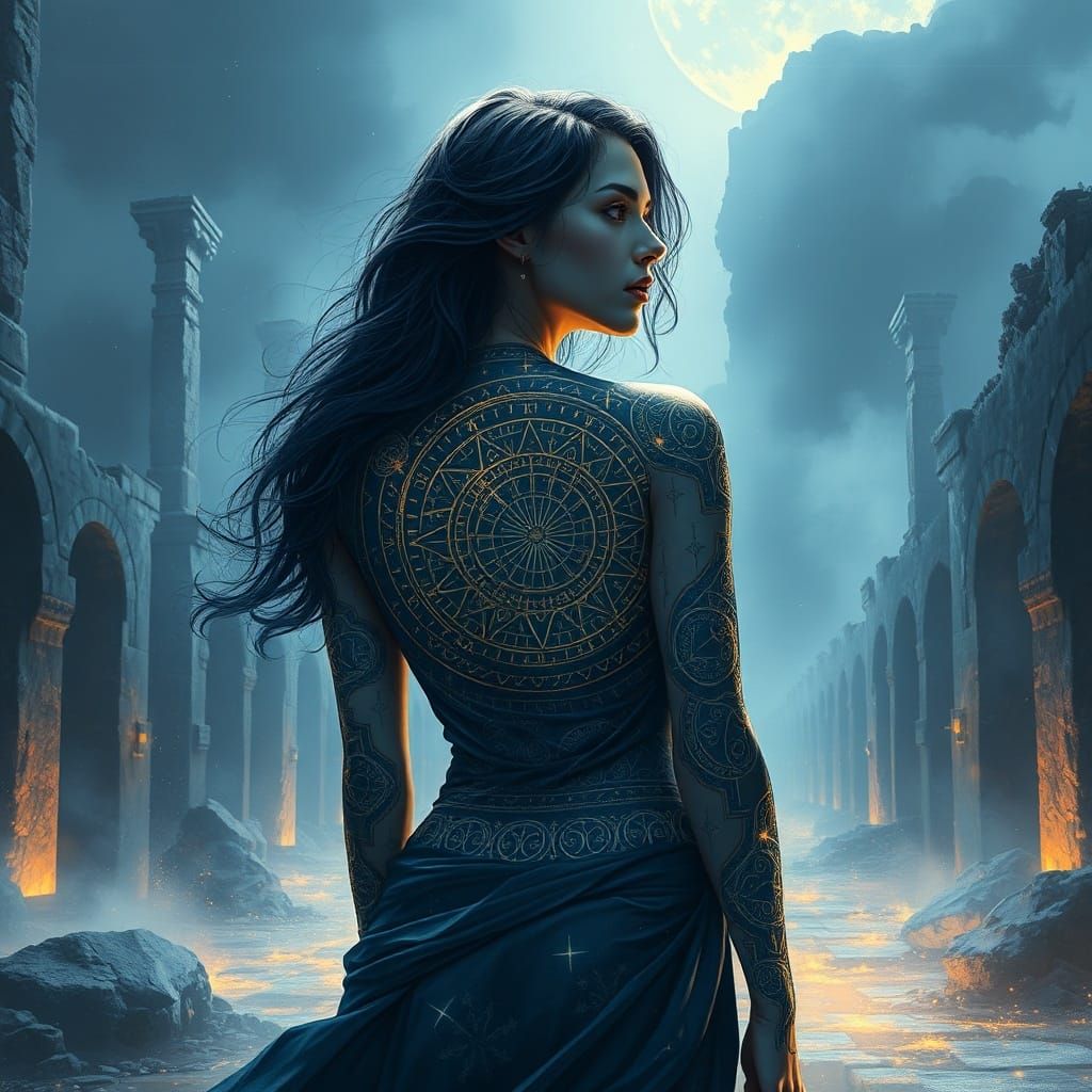 Celestial Tattooed Woman in Ethereal Ruins Splash Art