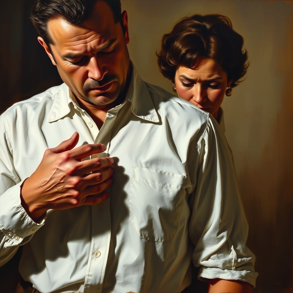 Man Buttons Woman's Blouse Oil Painting in Benton Style