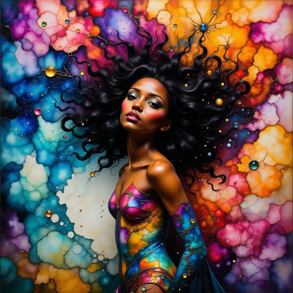 <lora:Neurographic Flux:1.0> <lora:Shadow whimsy:1.0> <lora:hyperkraximalismus:1.0> A Black woman lost in thought, surro...