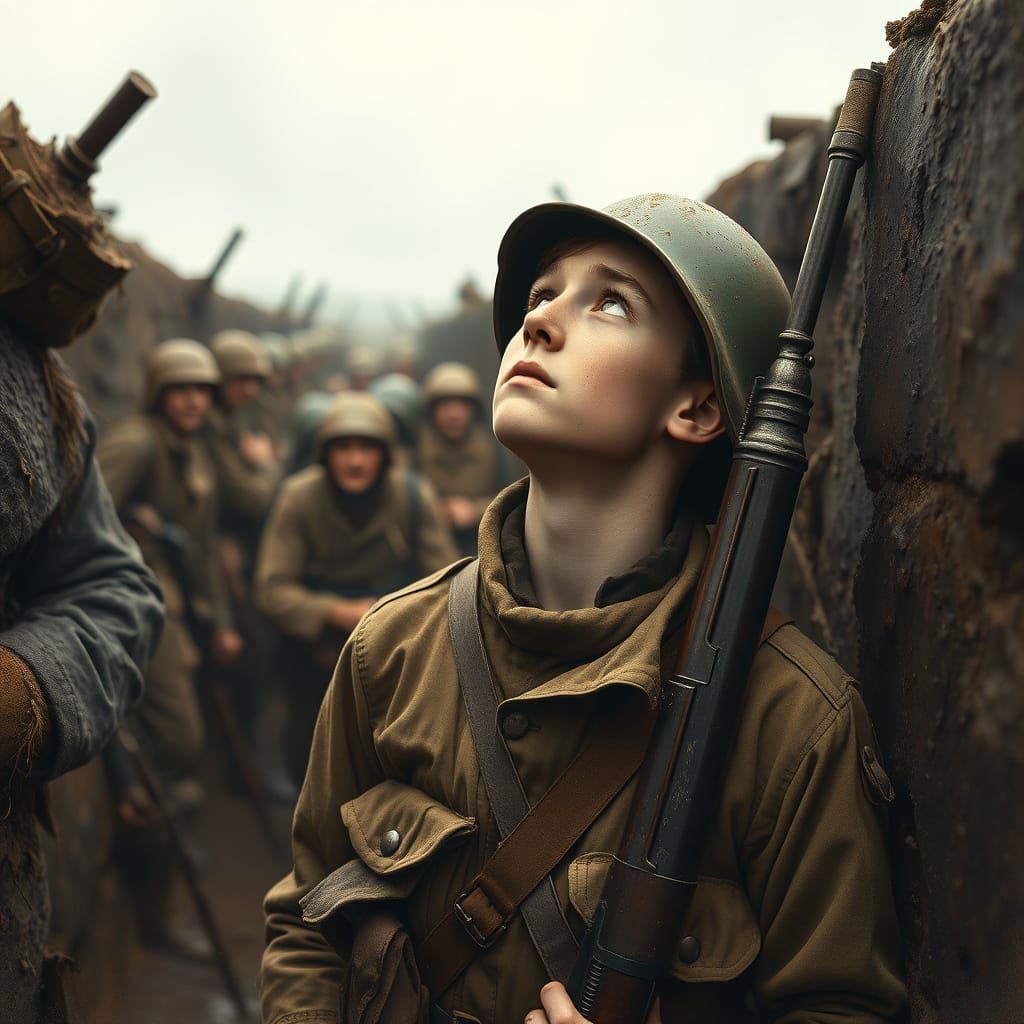 Young Soldier Contemplates War in WWI Trenches, in Impressio...