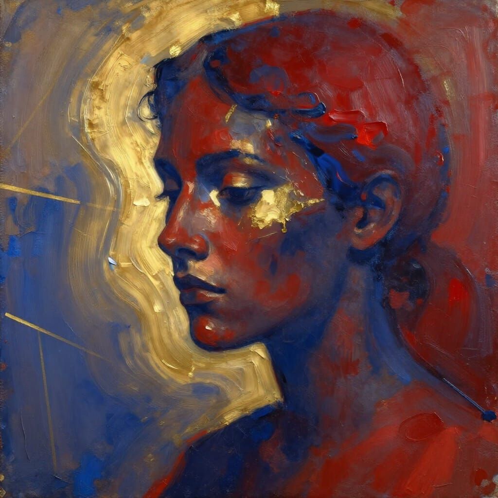 Abstract Portrait Silhouette in Crimson, Indigo, and Gold