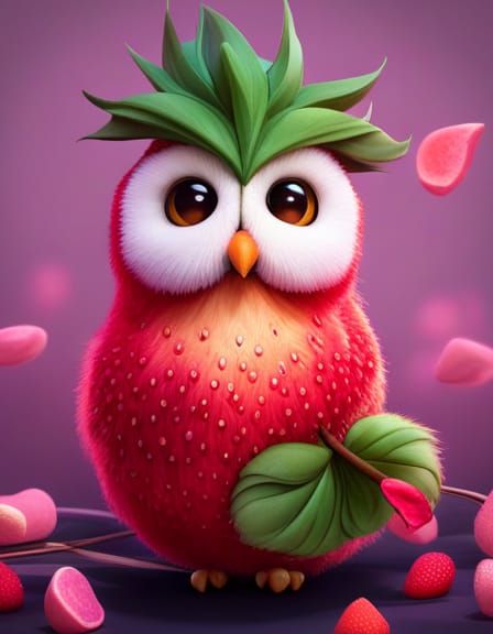 Adorable Strawberry Owl: 3D Digital Art