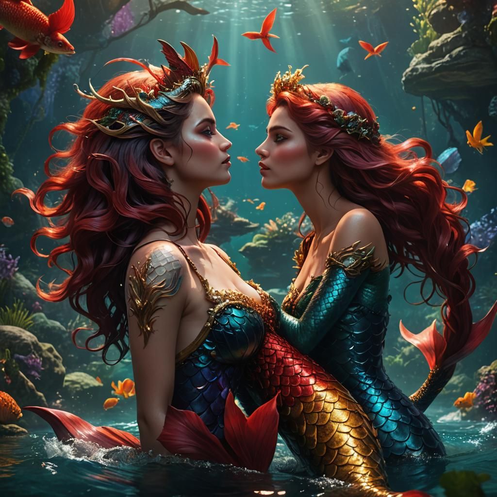 Lesbian Mermaids Kiss: Fantasy Concept Art