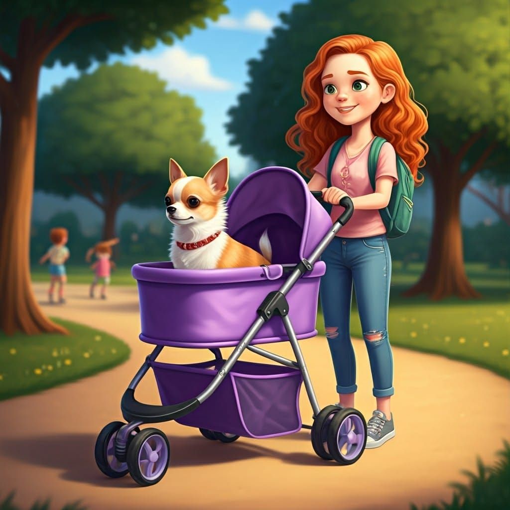 Girl Pushing Chihuahua in Stroller, Professional Photography