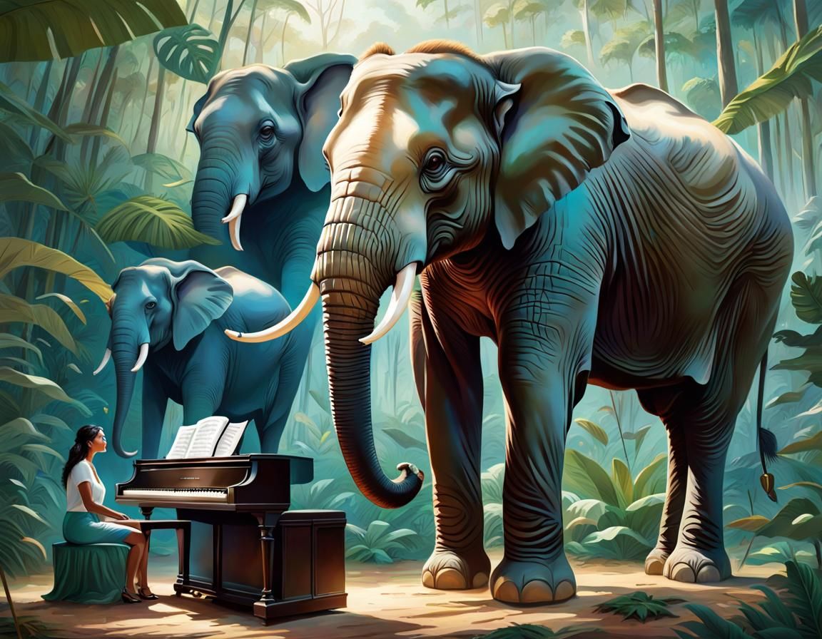 Elephant Family Listens to Piano in Jungle