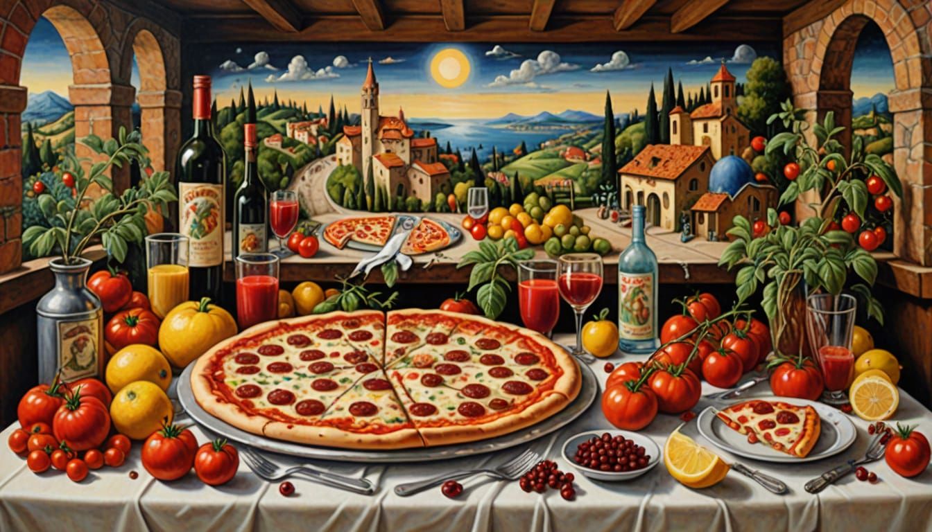 Italian Restaurant Pizza Feast Mural in Renaissance Style