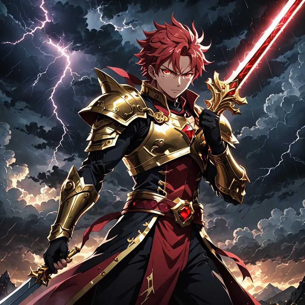 Anime Gold Sword with Ruby in Stormy Sky