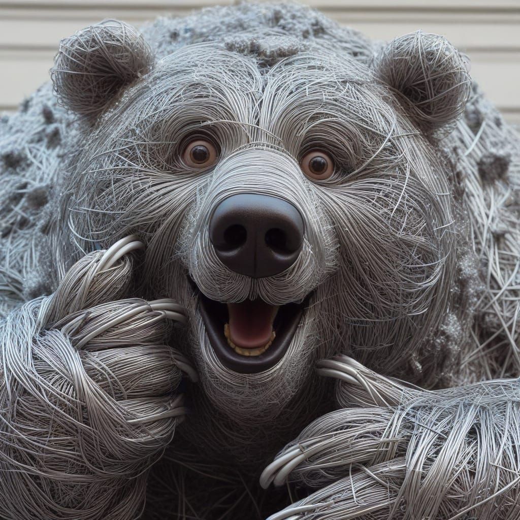 Excited Kodiak Bear Wrapped in Silver Wire