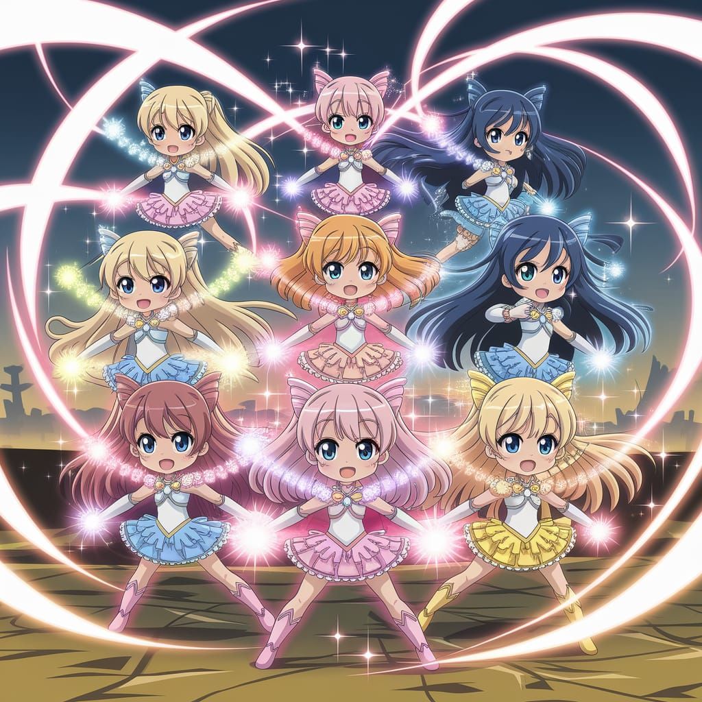 Cute Chibi Magical Girls Transform with Swirling Light