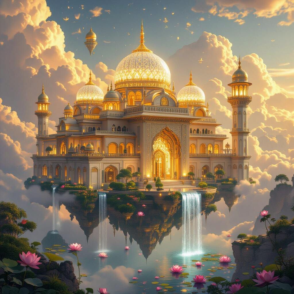 Floating Palace with Golden Clouds in Futuristic Style
