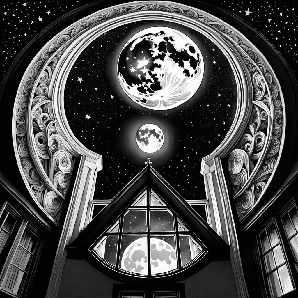 Escher-Style Moonlit Optical Illusion in Black and White