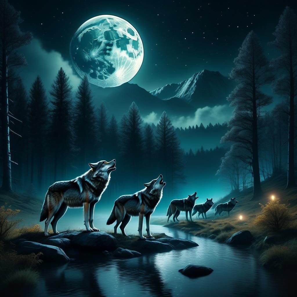 Wolves Howling at Moon in Forest Clearing