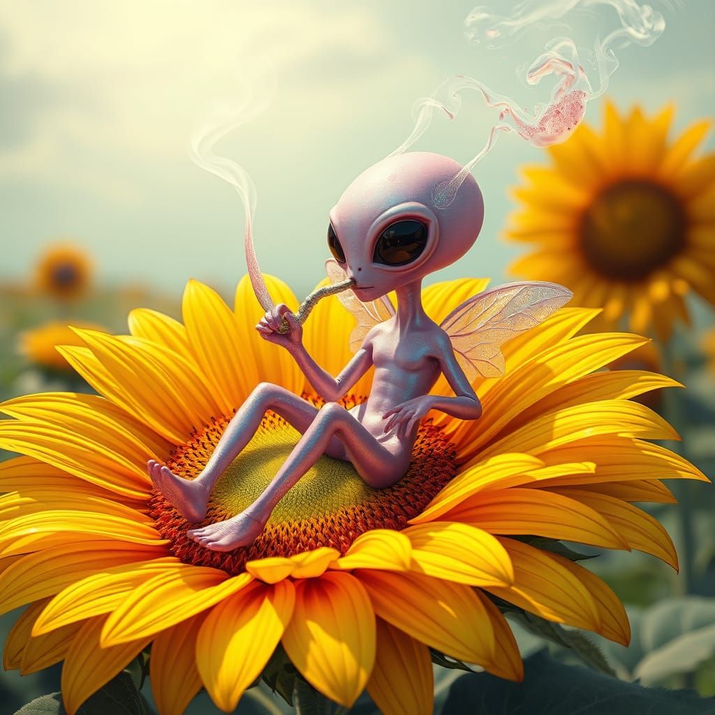 Whimsical Alien Basks in Sunflower Bliss