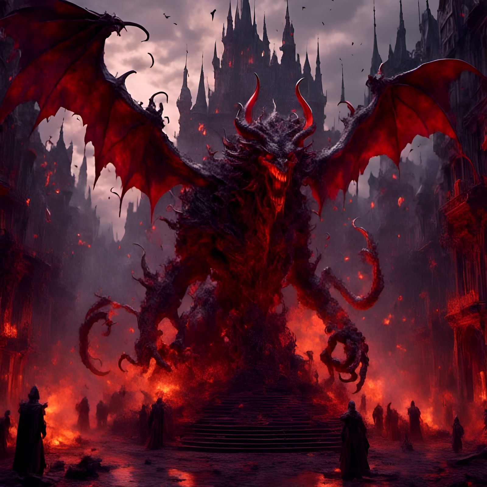 Demonic Beast Destroys Building in Dark Fantasy Art