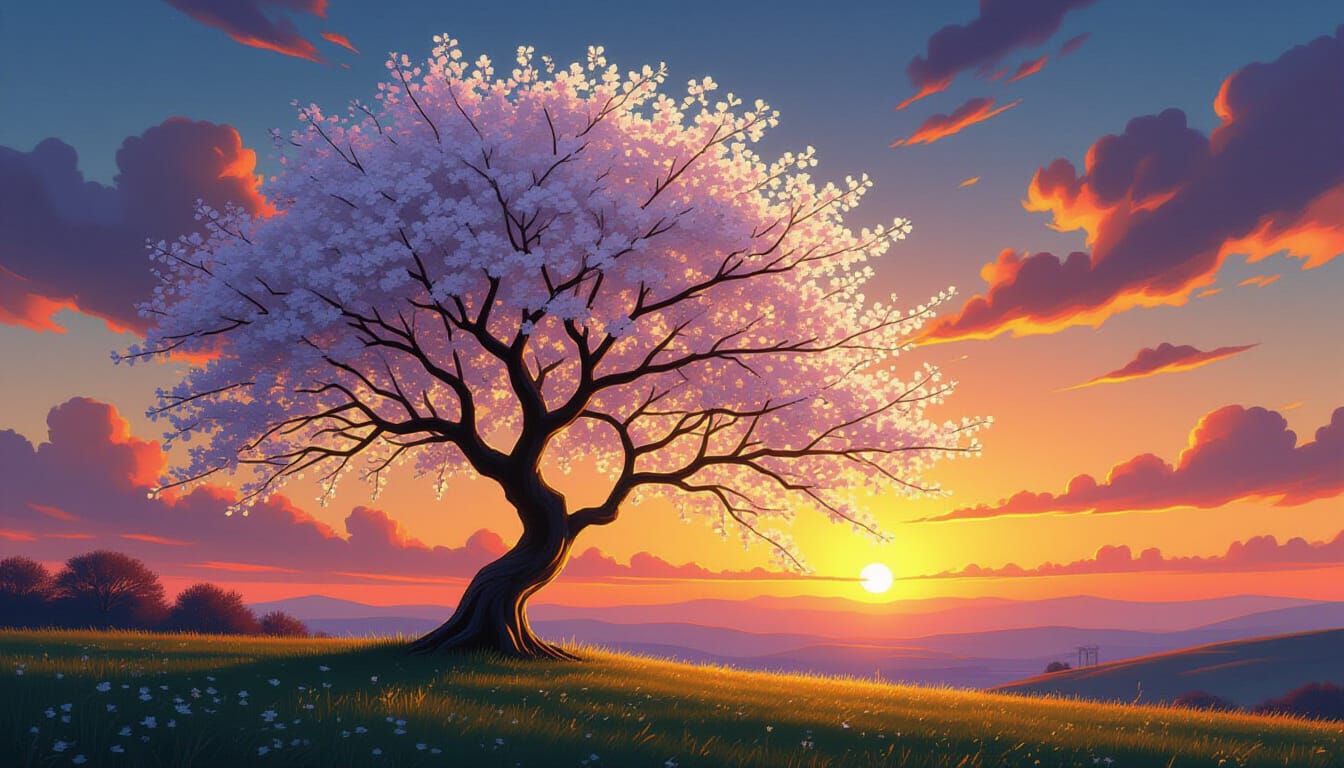 Majestic Cherry Tree at Sunset in Splash Art Style