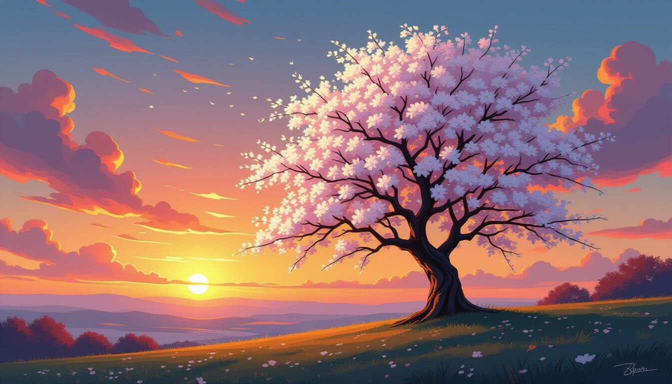 Majestic Cherry Tree at Sunset in Splash Art Style